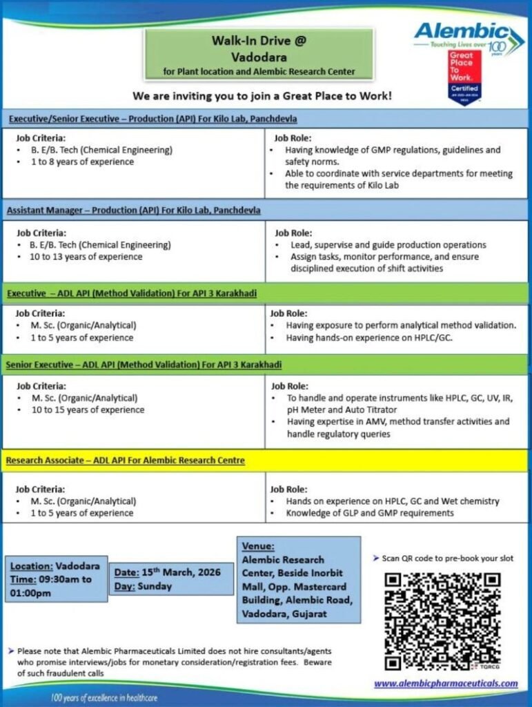 Alembic Pharma Hiring For Analytical Development Laboratory, Production