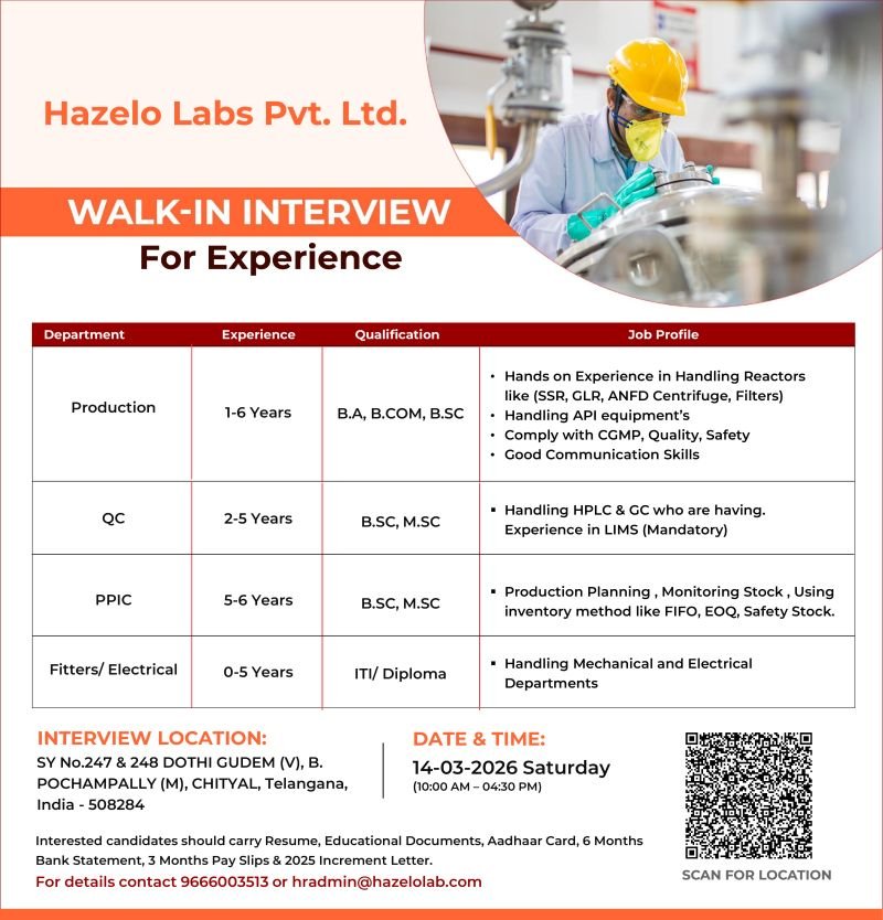 Freshers Needed In Production, QC, PPIC, Fitters, Electrical At Hazelo Labs Pvt. Ltd