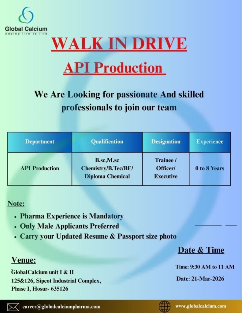 Freshers Needed In Production At Global Calcium Pharma