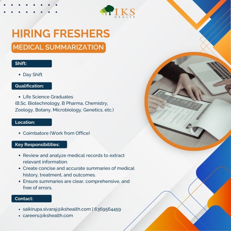 Freshers Needed In Medical Summarization At IKS Health