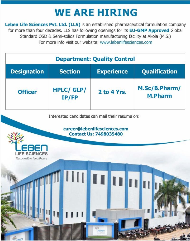 Leben Life Sciences Hiring For Quality Control Officer