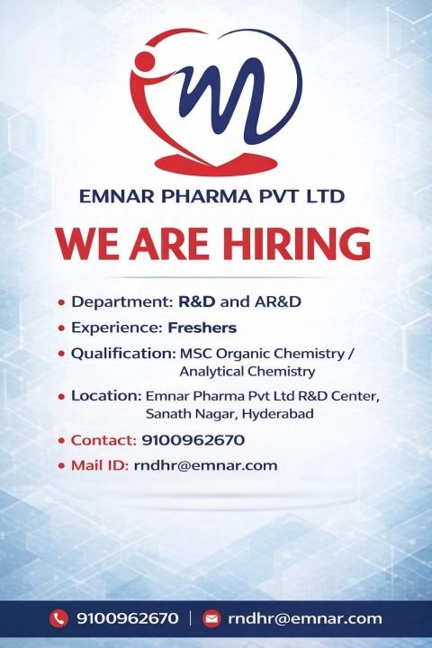 Freshers Needed In R&D / AR&D At Emnar Pharma Pvt Ltd