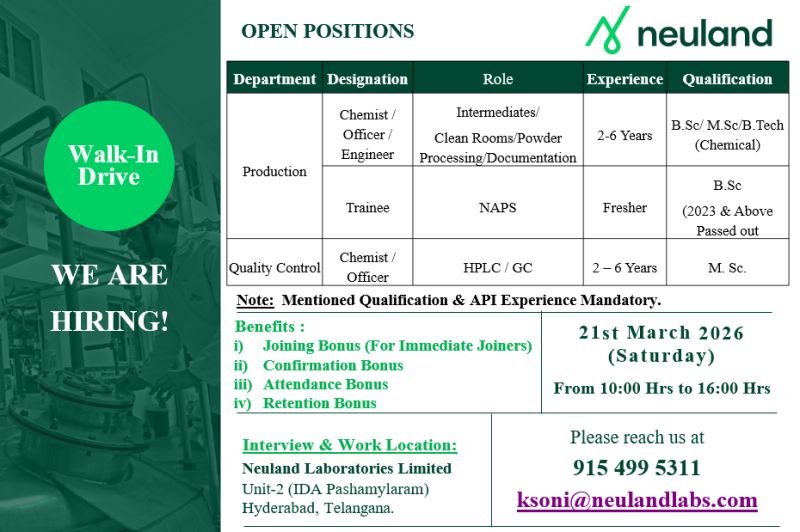 Freshers Needed In Production, Quality Control At Neuland Laboratories Freshers Needed In Production, Quality Control At Neuland Laboratories