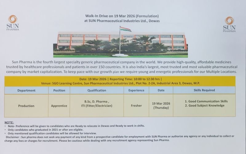 Freshers Needed In Production At Sun Pharmaceutical