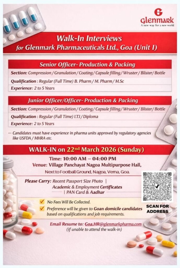 Glenmark Pharmaceuticals Hiring For Production & Packing