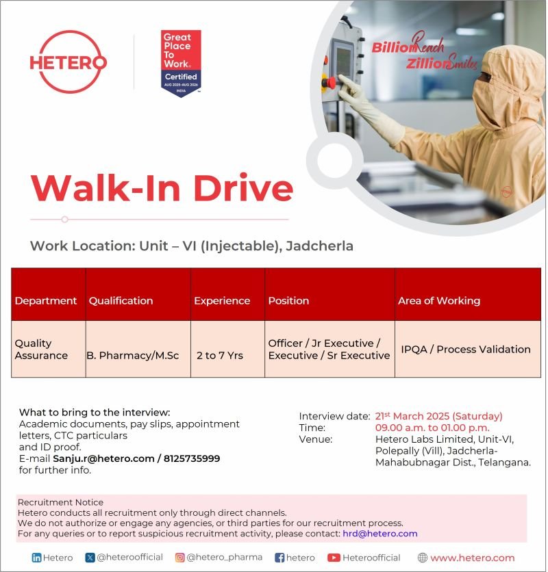 Hetero Labs Limited Hiring For Quality Assurance