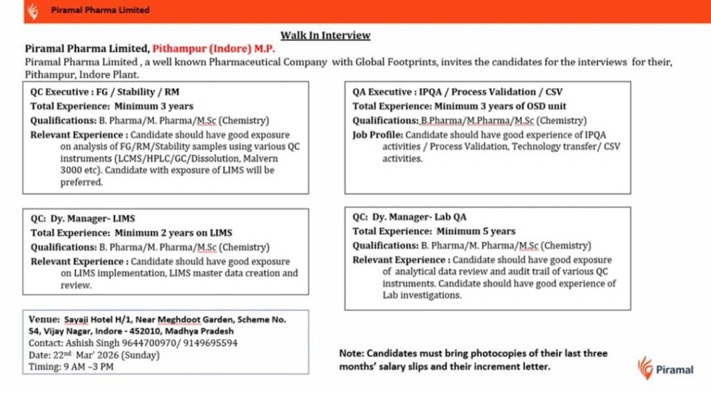 Piramal Pharma Hiring For Quality Assurance / Quality Control