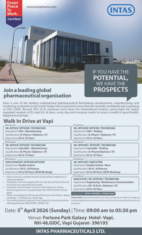Intas Pharmaceuticals Hiring For Engineering / Quality Control / Packing / Manufacturing