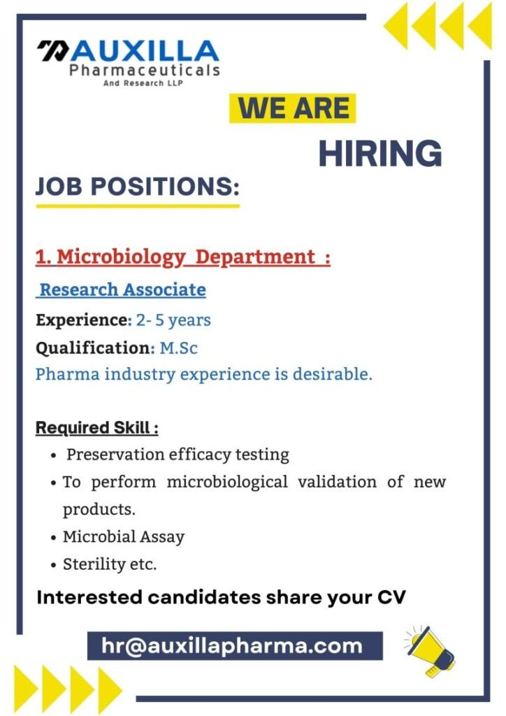 Auxilla Pharmaceuticals Hiring For microbiology department