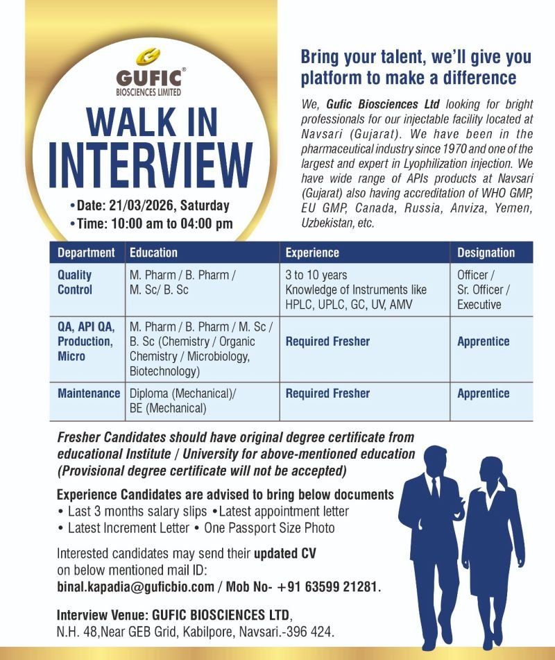 Freshers Needed In Production / Microbiology / Maintenance / QA / QC At Gufic Biosciences Freshers Needed In Production / Microbiology / Maintenance / QA / QC At Gufic Biosciences