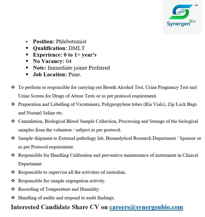 Freshers Needed In Phlebotomist At Synergen Bio