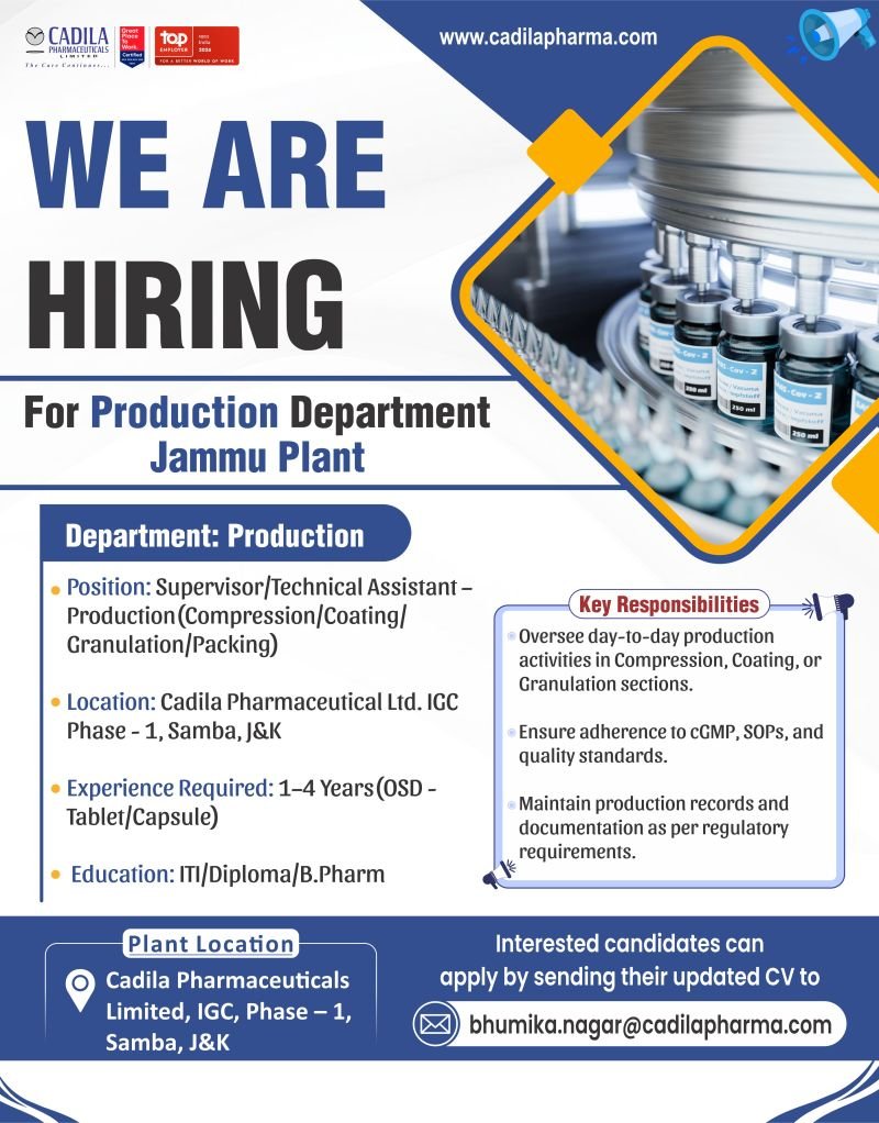 Cadila Pharmaceuticals Hiring For Production