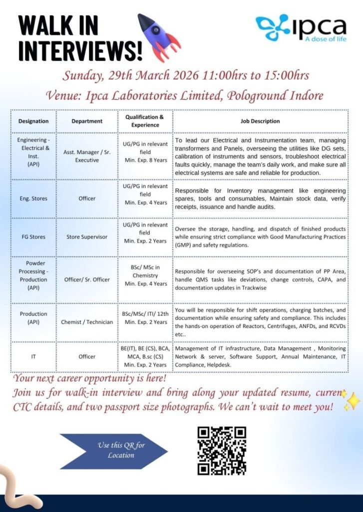 Ipca Laboratories Hiring For Engineering, Production, IT, and Stores Ipca Laboratories Hiring For Engineering, Production, IT, and Stores