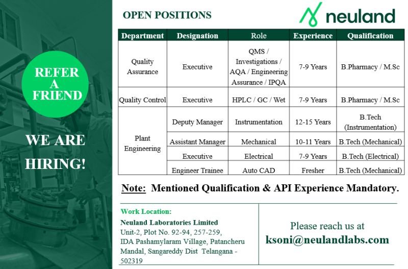 Freshers Needed In Quality Assurance / Quality Control / Instrumentation / Engineering At Neuland Laboratories Freshers Needed In Quality Assurance / Quality Control / Instrumentation / Engineering At Neuland Laboratories
