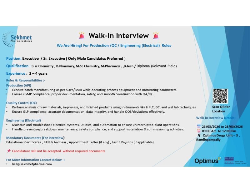 Sekhmet Pharmaventures Hiring For Production / Quality Control / Engineering