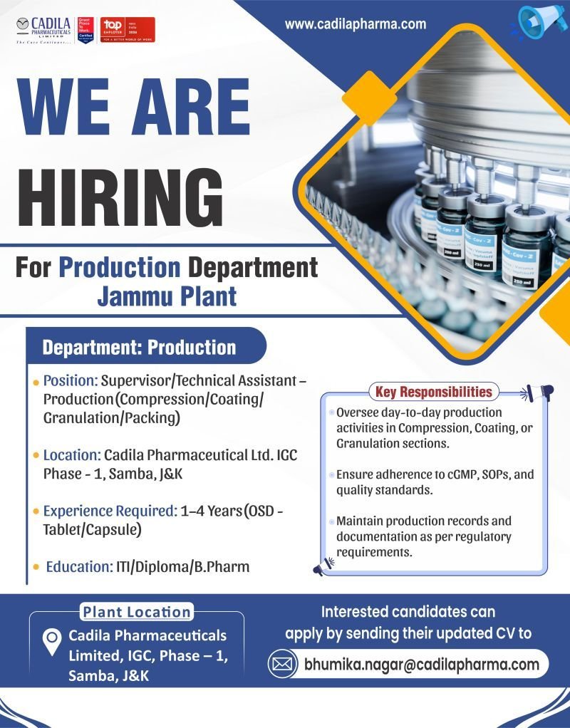Cadila Pharmaceuticals Hiring For Production