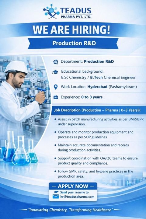Freshers Needed In Production R&D professionals At Teadus Pharma