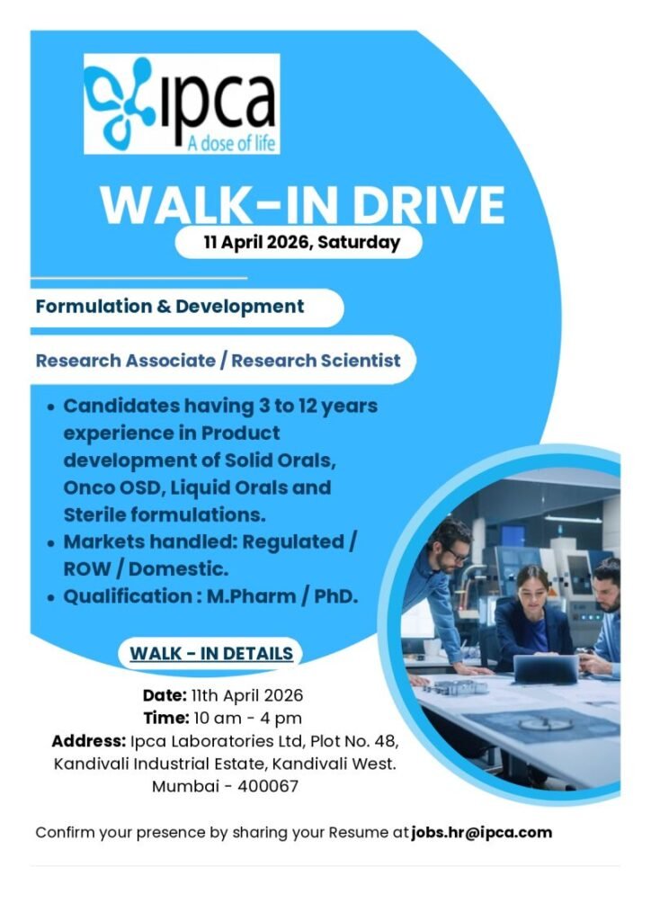 IPCA Laboratories Hiring For Formulation & Development (F&D)