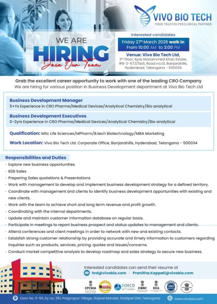 Freshers Needed In Business Development At Vivo Bio Tech Ltd