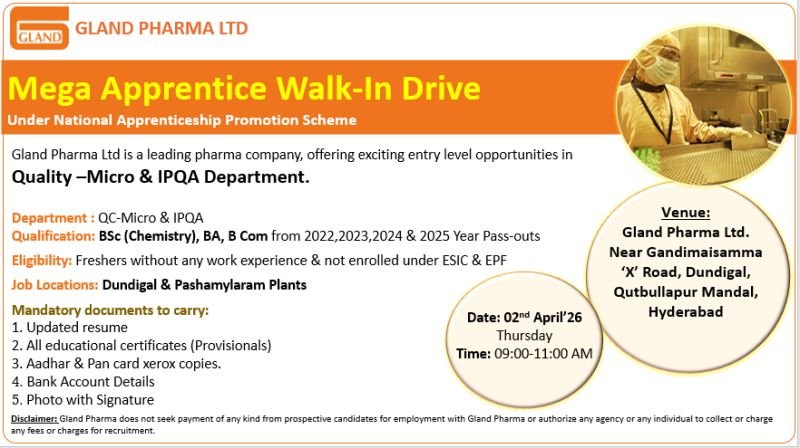 Gland Pharma Hiring For Freshers QC-Micro & IPQA (Apprenticeship )