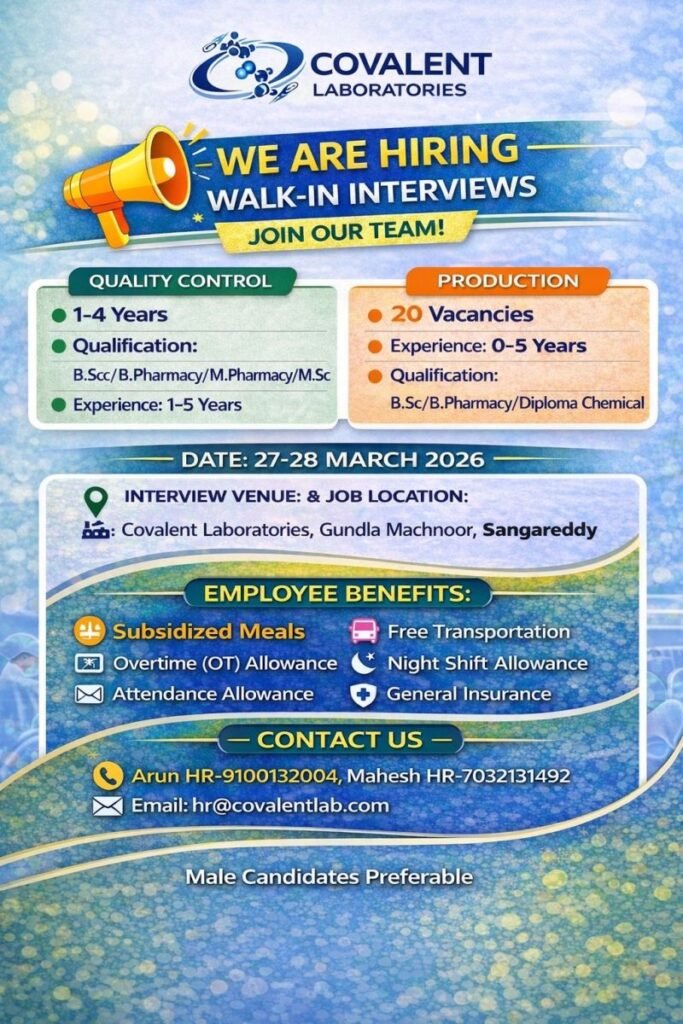Freshers Needed In Production, Quality Control At Covalent Laboratories