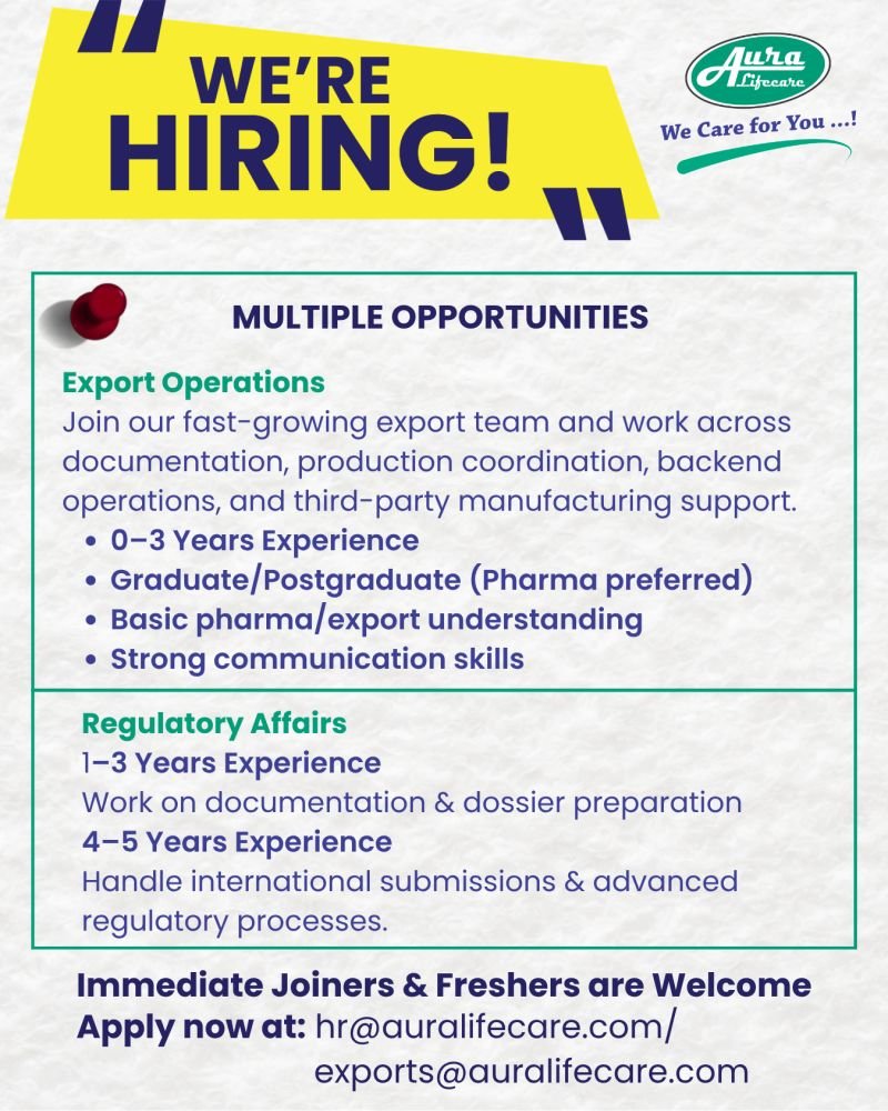 Freshers Needed In Regulatory Affairs At Aura Lifecare