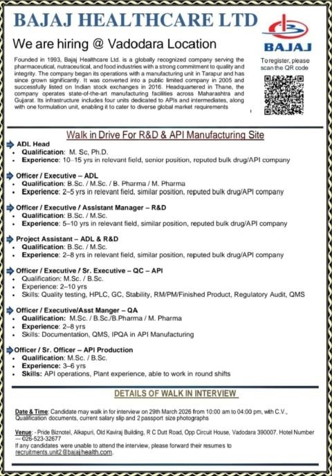 Bajaj Healthcare Hiring For Production / QA / QC / ADL / R&D Bajaj Healthcare Hiring For Production / QA / QC / ADL / R&D
