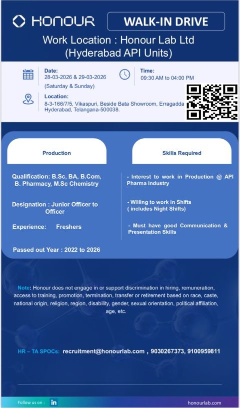 Freshers Needed In Production At Honour Lab Ltd Freshers Needed In Production At Honour Lab Ltd