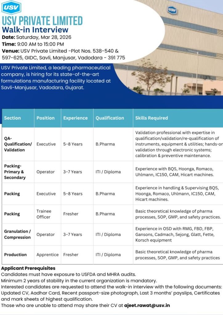 Freshers Needed In Production / Packing / QA At USV Pharma