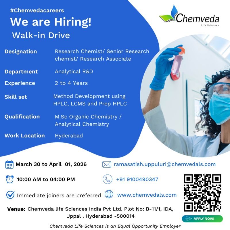 Chemveda Life Sciences Hiring For Analytical R&D Chemveda Life Sciences Hiring For Analytical R&D