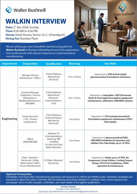 Walter Bushnell Hiring For Quality Control / Microbiology / Quality Assurance / Warehouse / Production / Engineering