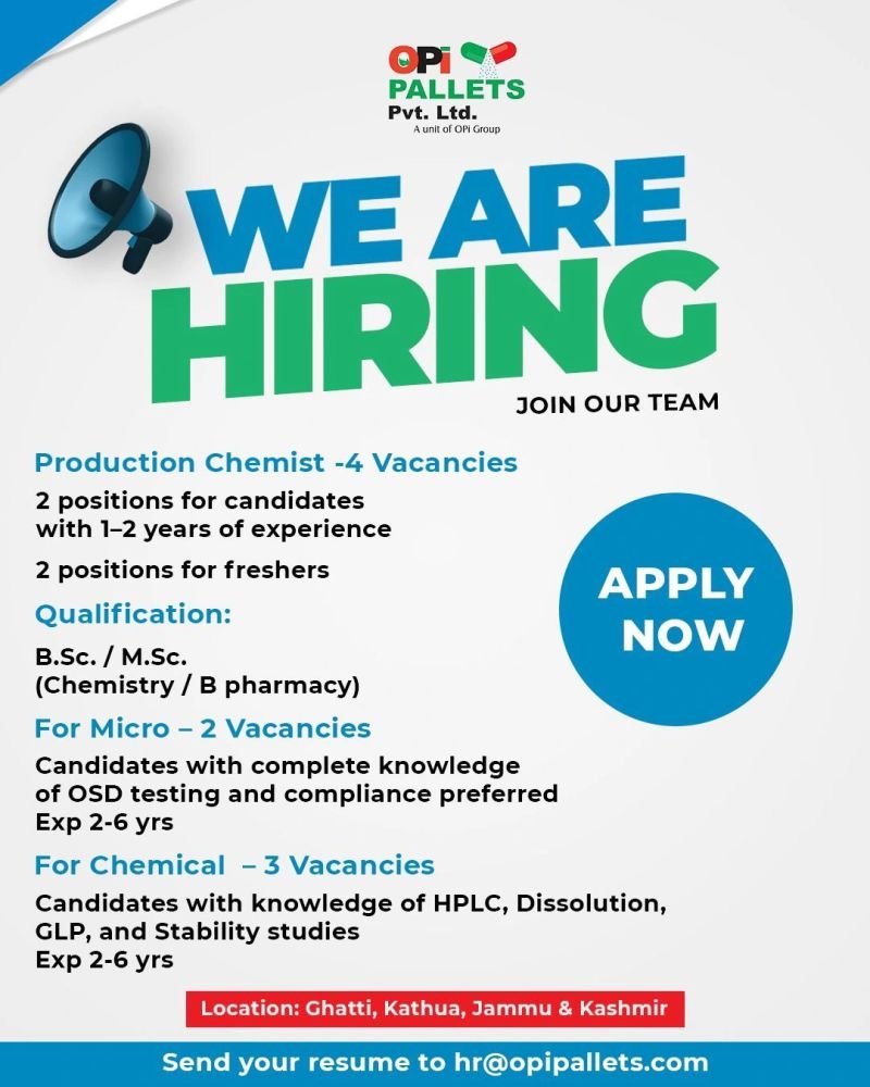 OPI Pallets Hiring For Production, Microbiology, and Quality Control OPI Pallets Hiring For Production, Microbiology, and Quality Control