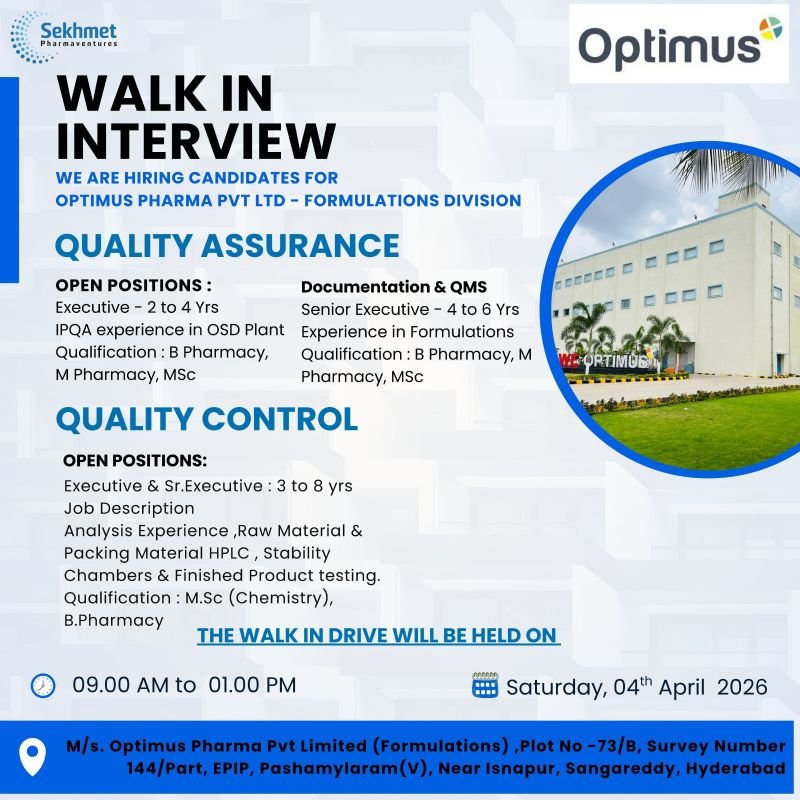 Optimus Pharma Hiring For Quality Control, Quality Assurance Optimus Pharma Hiring For Quality Control, Quality Assurance
