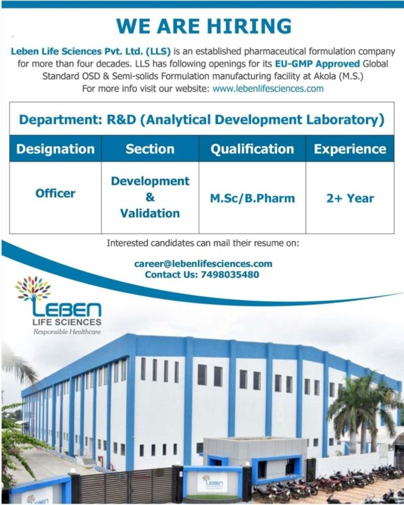 Leben Life Sciences Hiring For R&D – Analytical Development Laboratory (ADL) Leben Life Sciences Hiring For R&D – Analytical Development Laboratory (ADL)