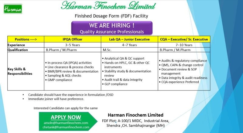 Harman Finochem Hiring For Quality Assurance professionals Harman Finochem Hiring For Quality Assurance professionals