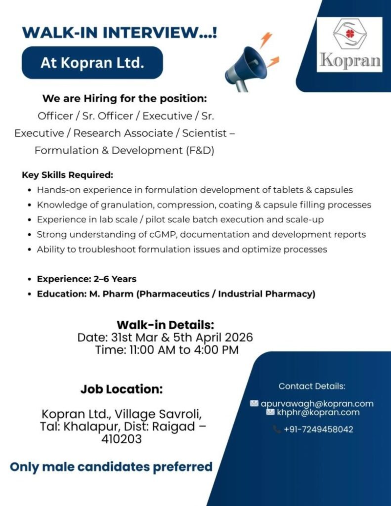 Kopran Ltd Hiring For Formulation & Development (F&D)