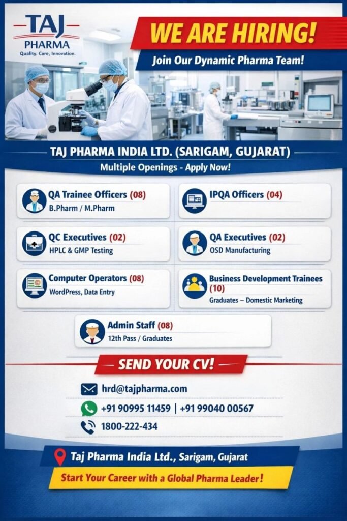 Freshers Needed In Quality Assurance, Quality Control, IPQA, Manufacturing, and Business Development At Taj Pharma Freshers Needed In Quality Assurance, Quality Control, IPQA, Manufacturing, and Business Development At Taj Pharma