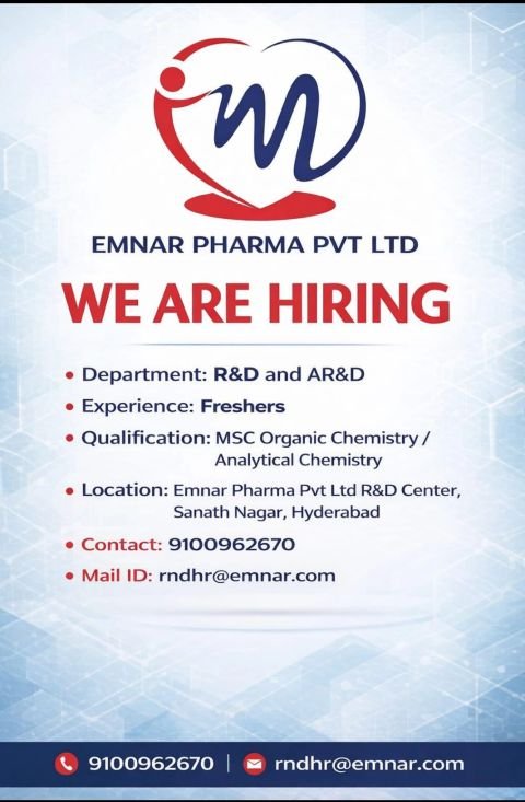 Freshers Needed In R&D / AR&D At Emnar Pharma Pvt Ltd Freshers Needed In R&D / AR&D At Emnar Pharma Pvt Ltd