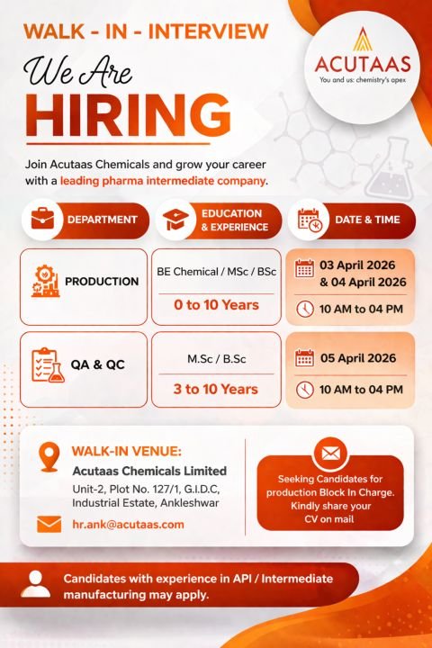 Freshers Needed In Production / Quality Assurance / Quality Control At Acutaas Chemicals Limited