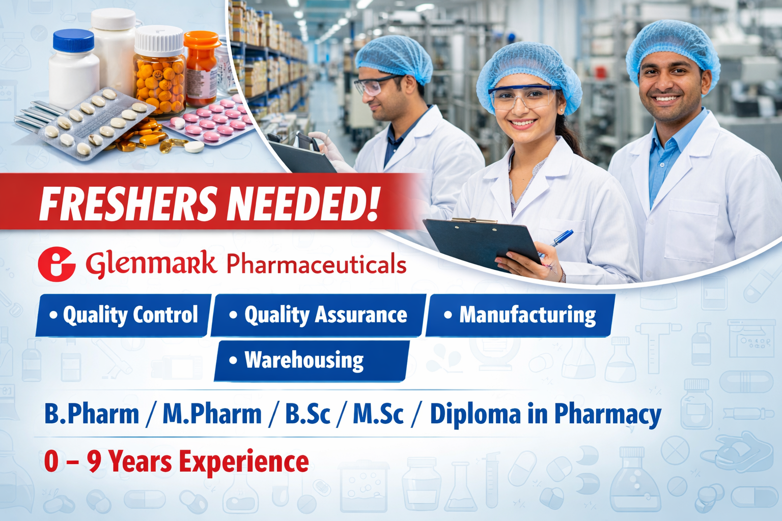 Freshers Needed In Quality Control / Quality Assurance / Manufacturing / Warehousing At Glenmark Pharmaceuticals