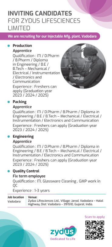 Freshers Needed In Production / Packing / Engineering / Quality Control At Zydus Lifesciences