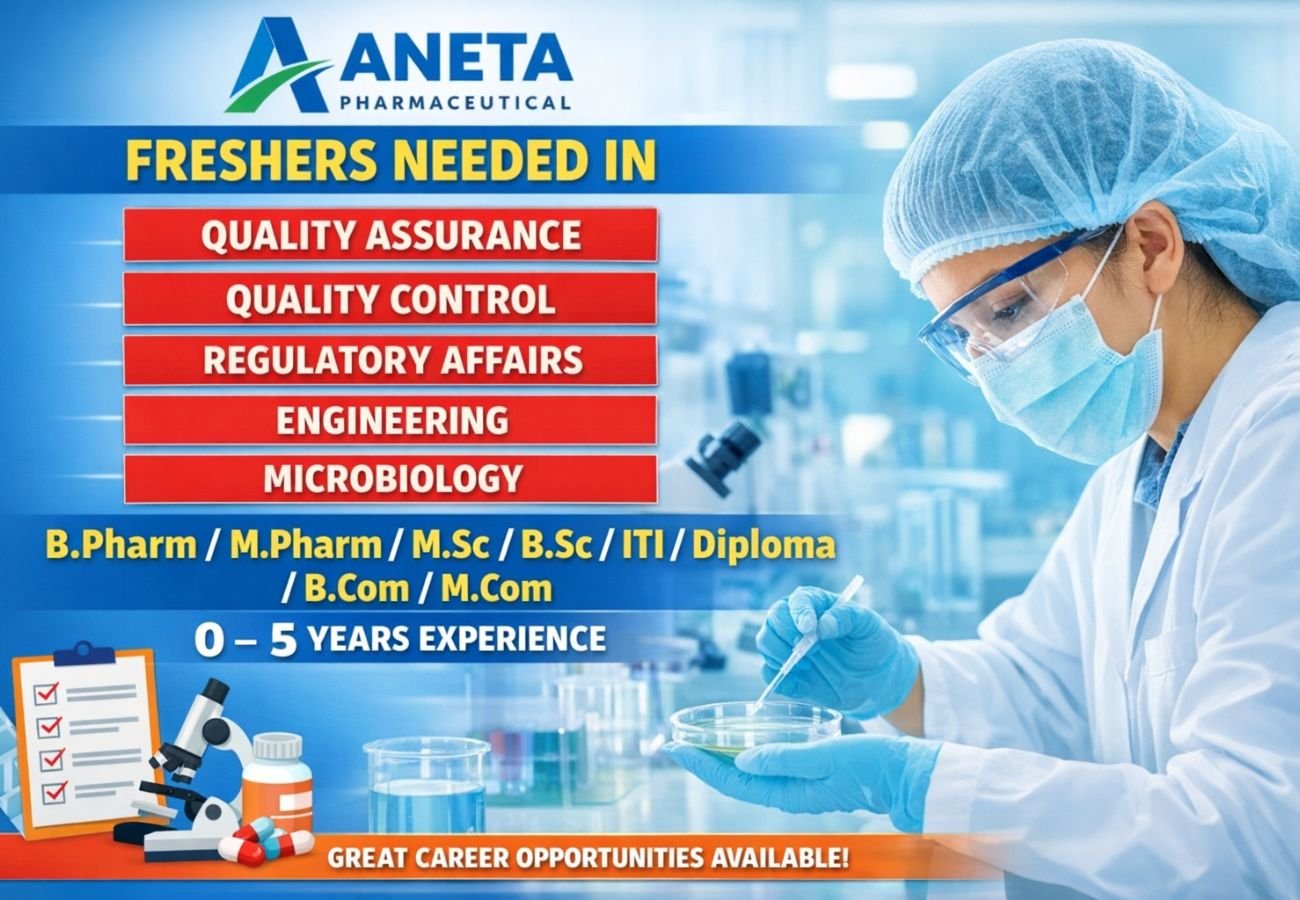 Freshers Needed In Quality Assurance / Quality Control / Regulatory Affairs / Engineering / Microbiology At Aneta Pharmaceutical
