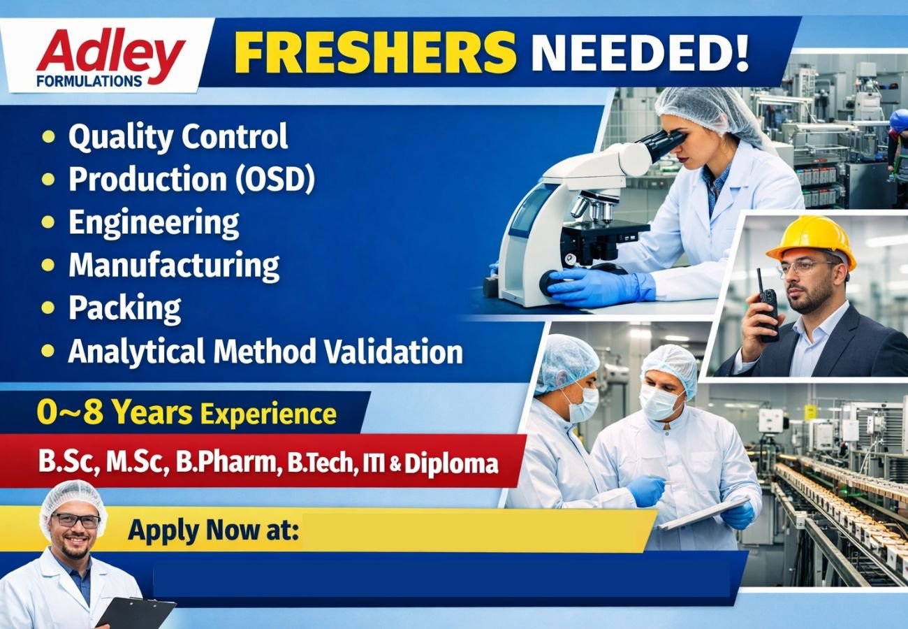 Freshers Needed In Quality Control, Production OSD, Engineering, Manufacturing, Packing, Analytical Method Validation At Adley Formulations