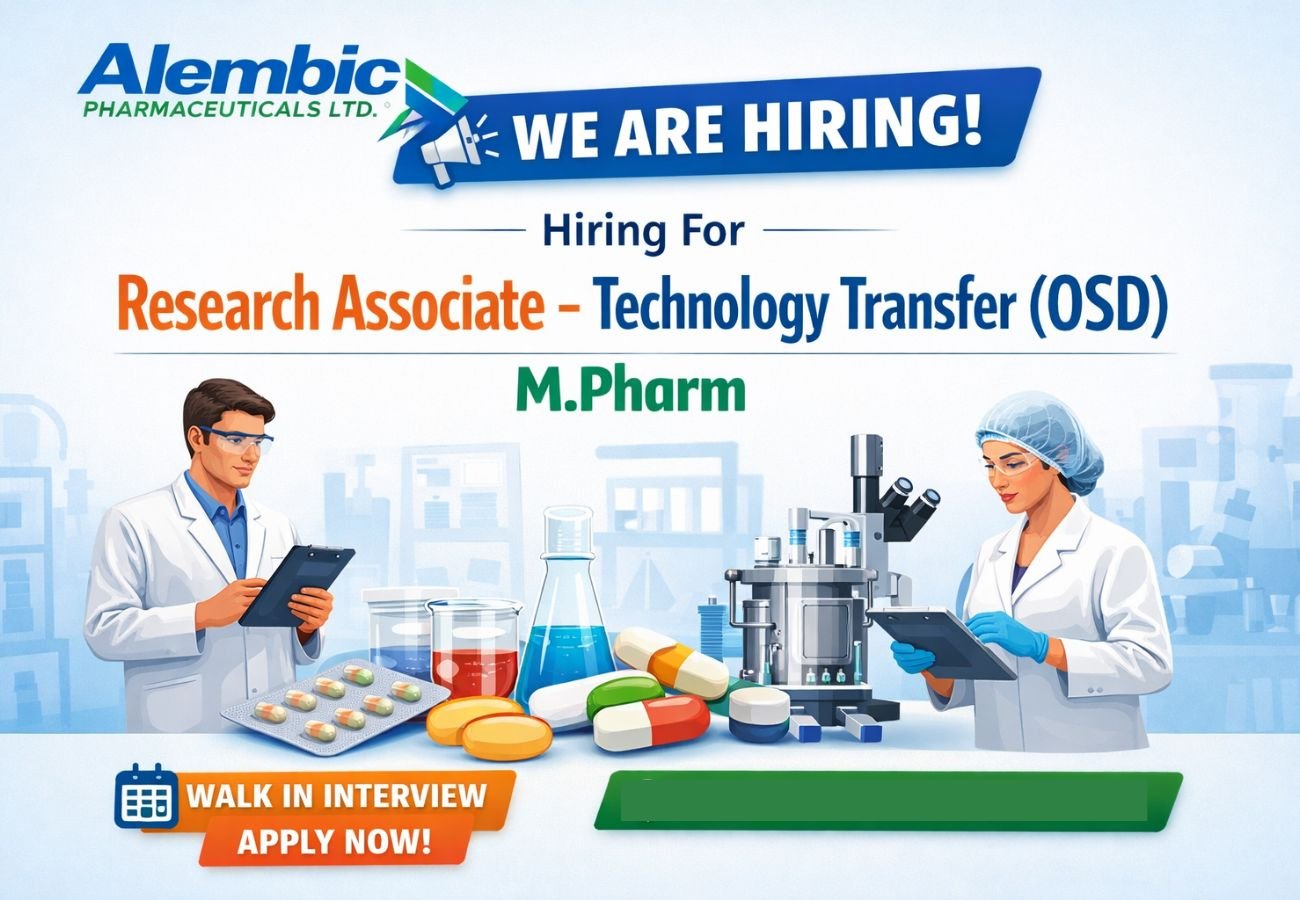 Alembic Pharmaceuticals Hiring For Research Associate – Technology Transfer (OSD)