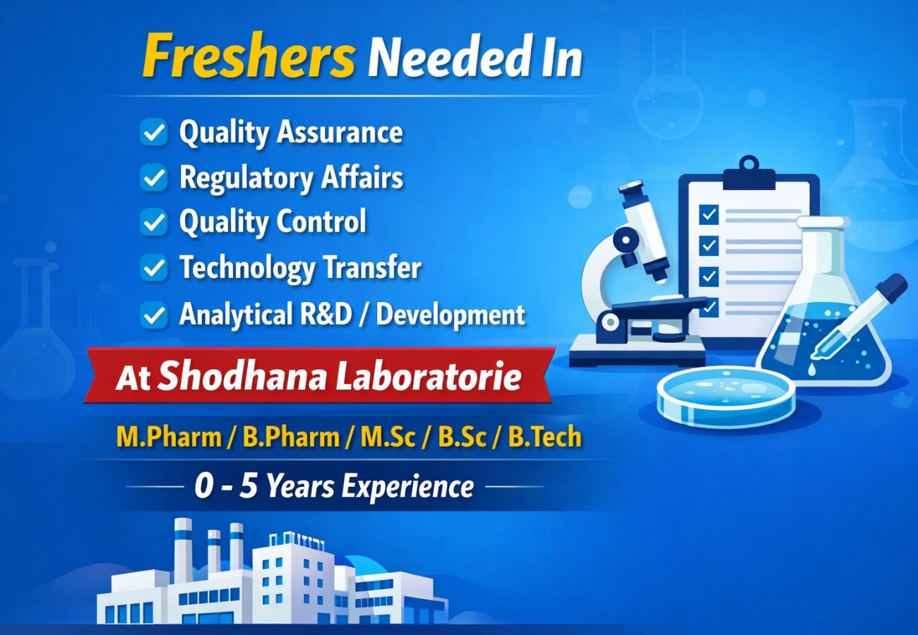 Freshers Needed In QC, QA, RA, AR&D, TSD At Shodhana Laboratories