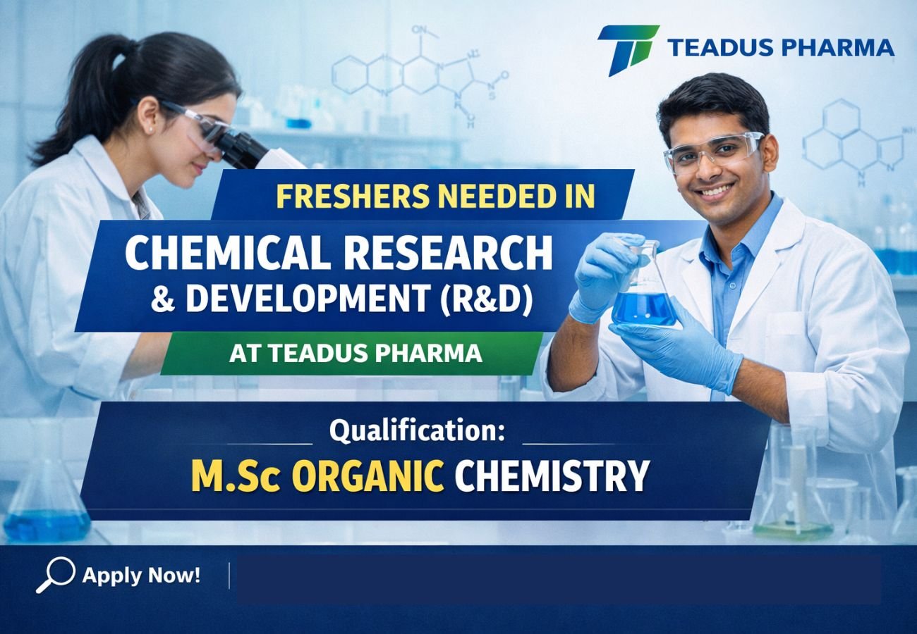Freshers Needed In Chemical Research & Development (R&D) At Teadus Pharma