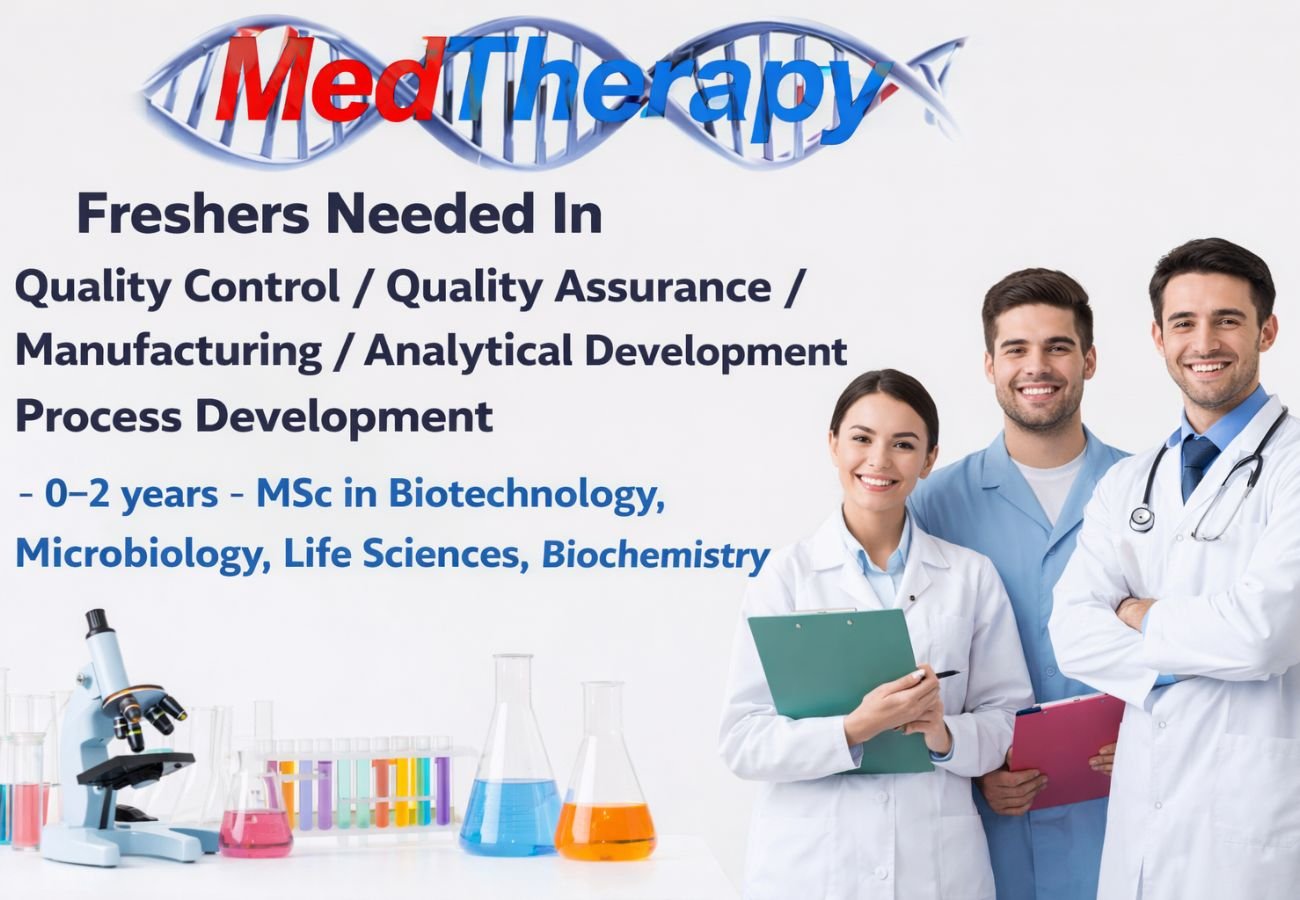 Freshers Needed In Quality Control / Quality Assurance / Manufacturing / Analytical Development / Process Development At MedTherapy Biotech