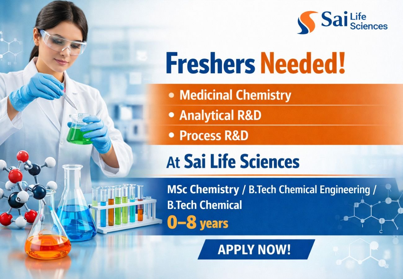 Freshers Needed In Medicinal Chemistry / Analytical R&D / Process R&D At Sai Life Sciences