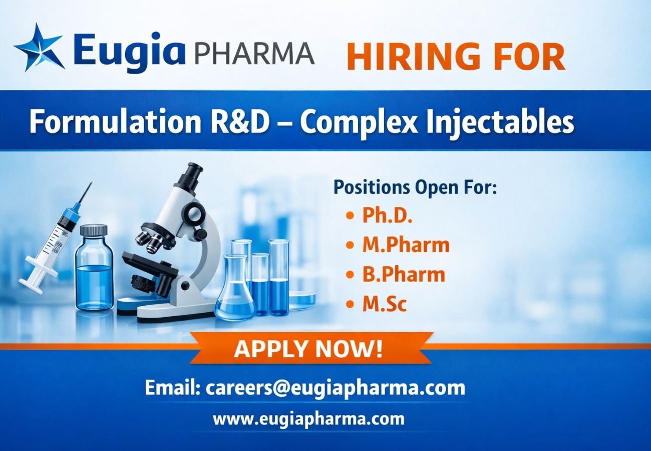 Eugia Pharma Hiring For Formulation R&D – Complex Injectables