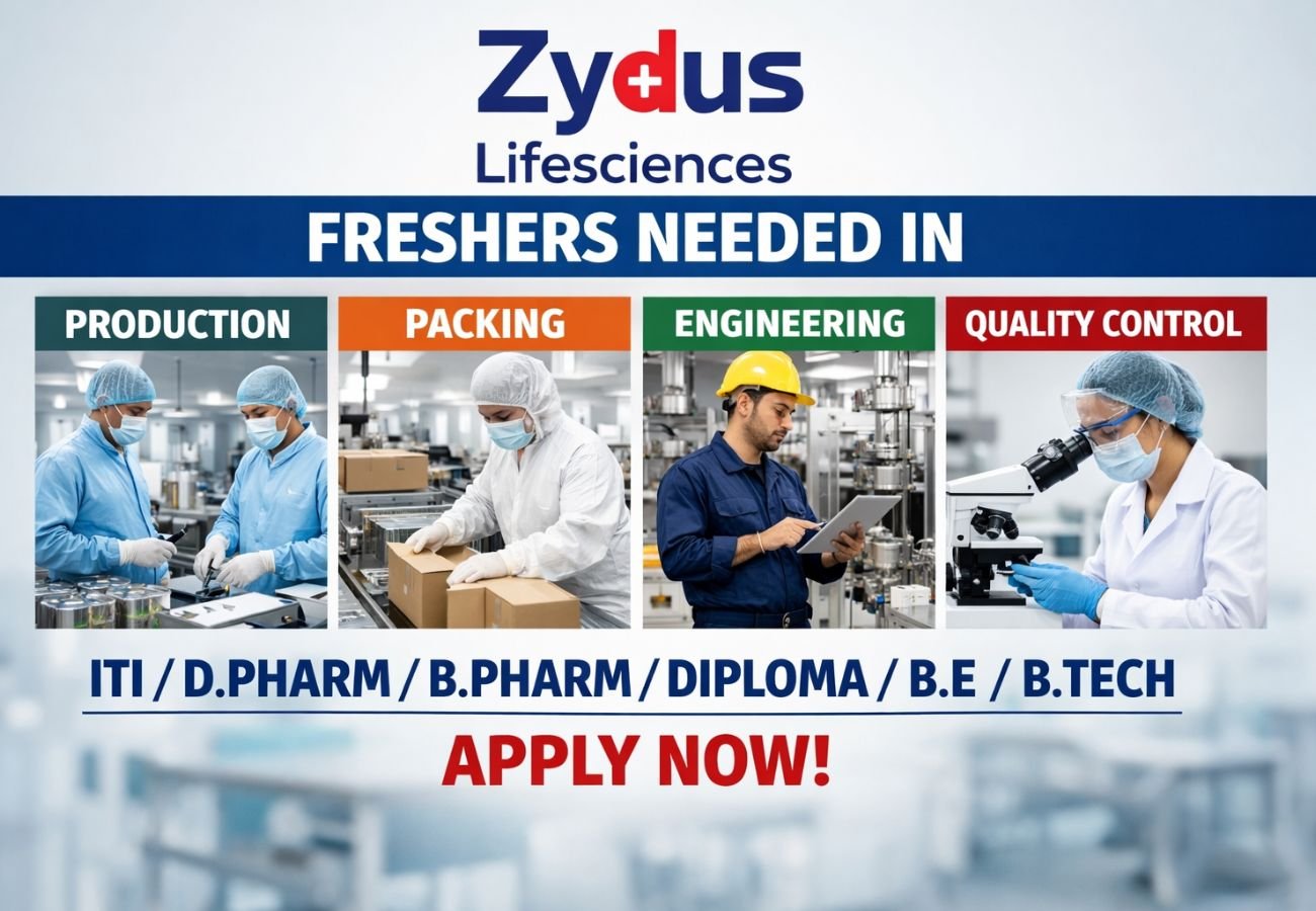 Freshers Needed In Production / Packing / Engineering / Quality Control At Zydus Lifesciences